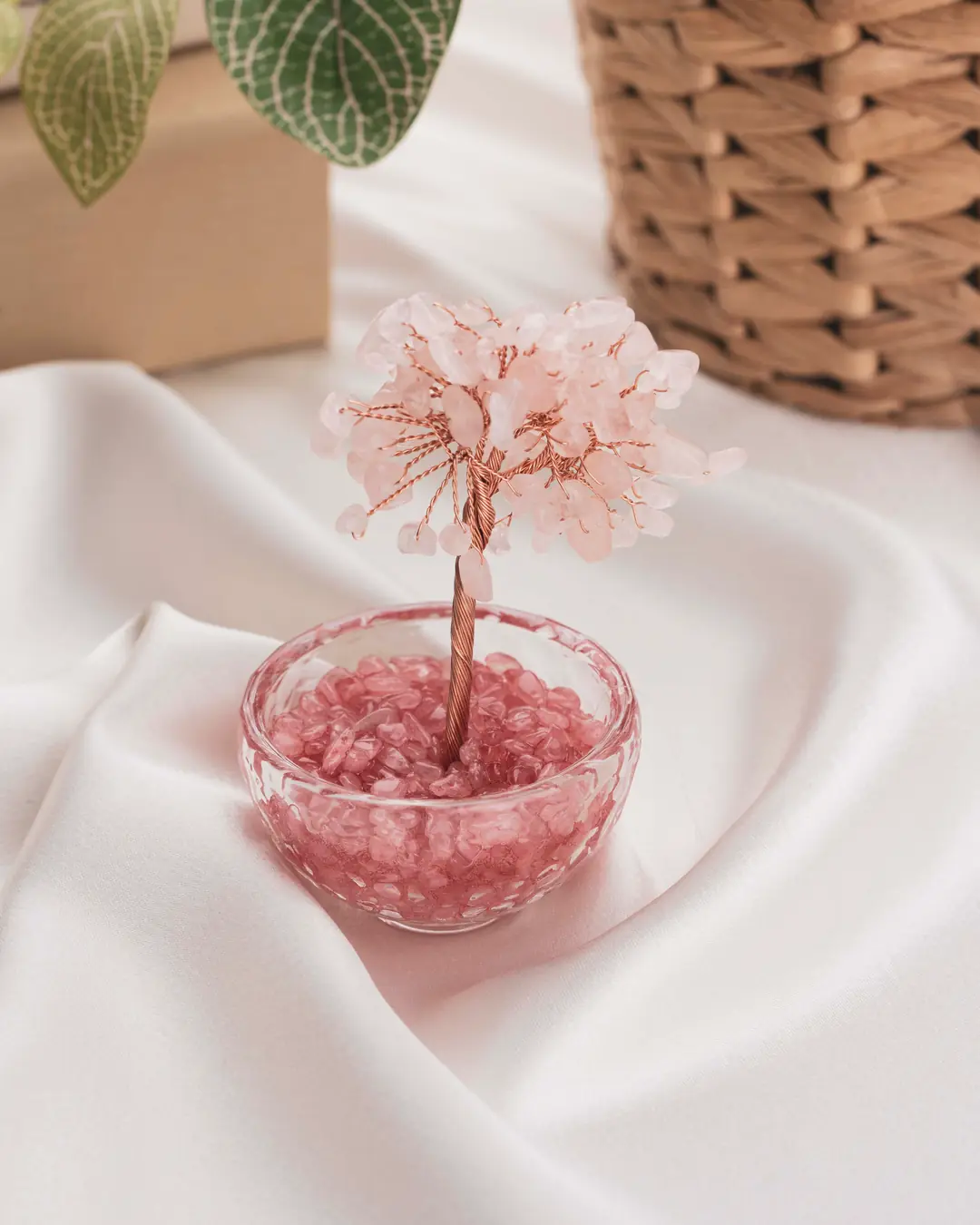 Kristal Kök Pembe Kuvars & Cam Kase Yaşam Ağacı