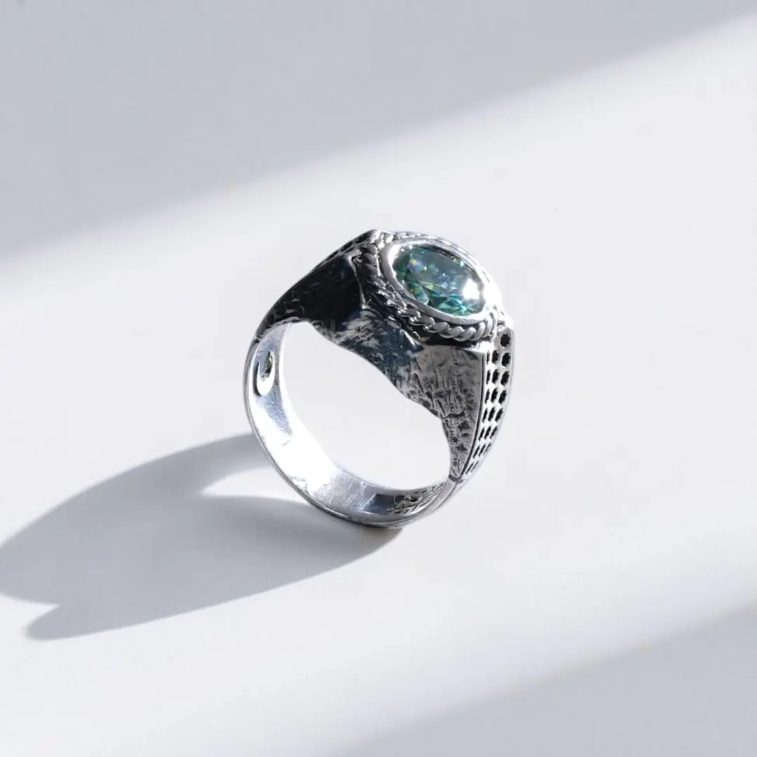 Petek Dokulu Aqua Moissanite Luxury Gümüş Yüzük