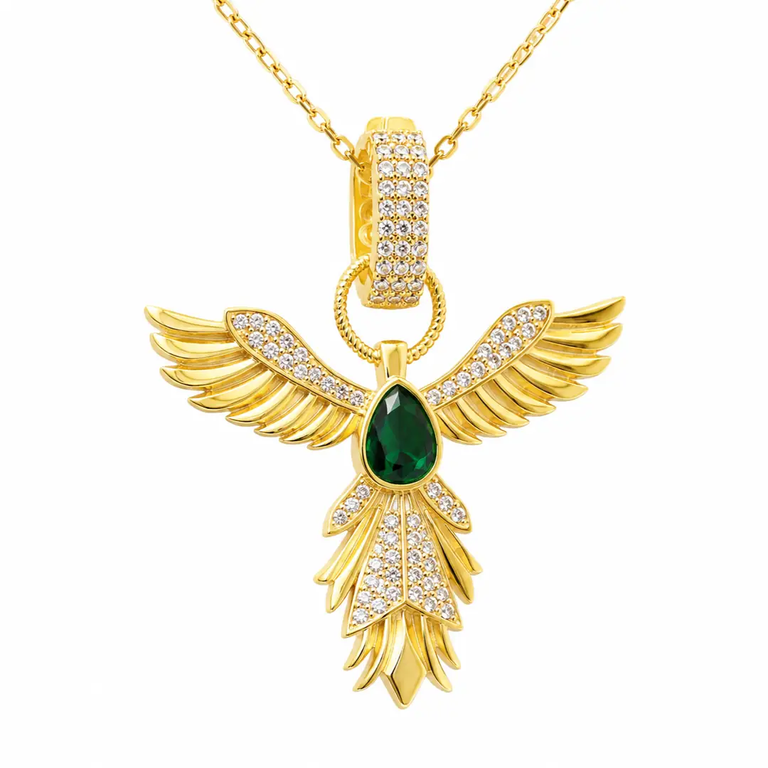 Zümrüt Renkli Taşlı Gold Kaplama 925 Ayar Gümüş Anka Kuşu Kadın Kolye
