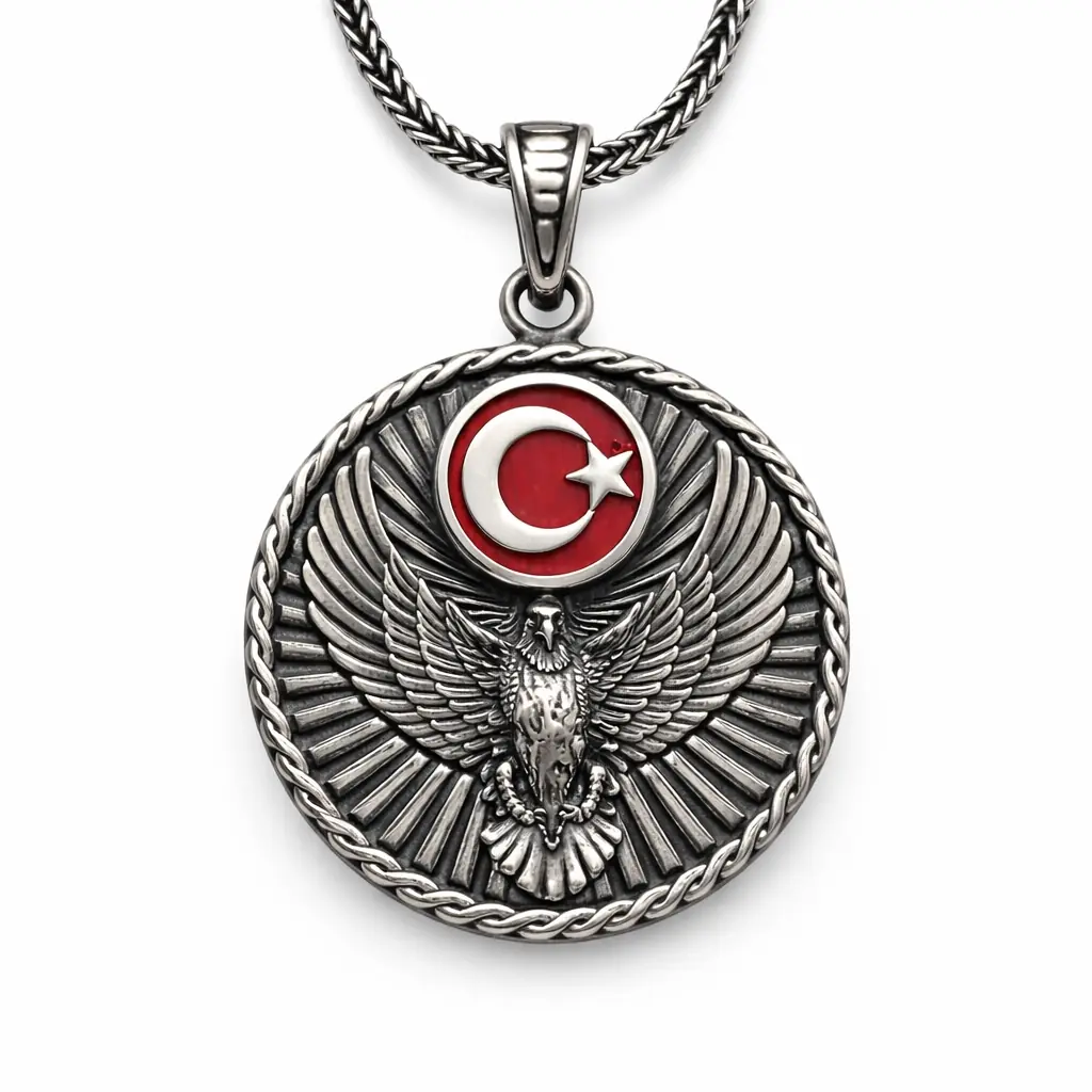 Türk Kartalı ve Ay Yıldız Motifli Oksitli 925 Ayar Gümüş Erkek Kolye
